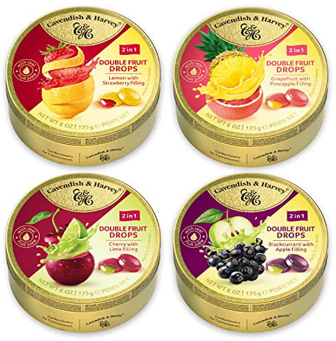 Cavendish & Harvey Double Fruit Drops 175g im 4er Probier-Set | Erdbeer-Zitrone | Grapefruit-Ananas | Johannisbeere-Apfel | Kirsche-Limette | Vegan, Halal, Koscher | 4 x 175g