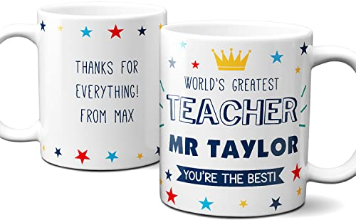 Thoughtful Gifts Personalised World's Greatest Teacher Mug, 11 Ounces, Ceramic, Multicolor, Reusable, Dishwasher Safe, Letter Print, 1 Count (Pack of 1), Mug, Coffee Cup, Gift, Home