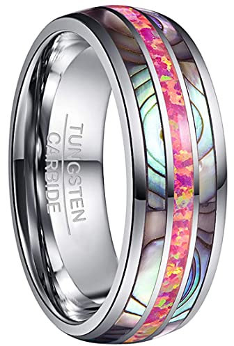 GALANI Ring für Herren Damen 8mm Silber Wolfram Ring mit Rot Opal und Muschel, Unisex Verlobungsringe Eheringe Partnerringe Jubiläumsring Mode Schmuck Comfort Fit Größe 71(22.6)