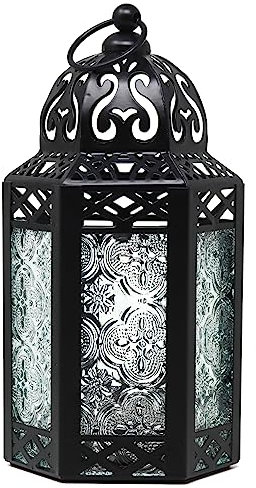Vela Lanterns Pequeña lámpara Decorativa de Metal Negro con Farol marroquí, portavelas, Interior/Exterior, decoración del hogar, Patio, Bodas, Navidad, Transparente