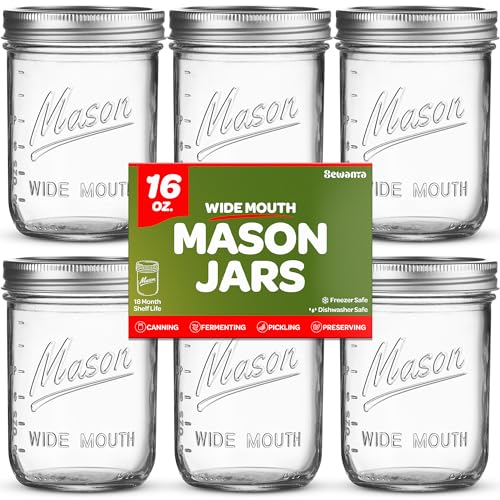 SEWANTA Wide Mouth Mason Jars 16 oz [18 Pack] With mason jar lids and Bands, mason jars 16 oz - For Canning, Fermenting, Pickling - Jar Décor - Microwave/Freeze/Dishwasher Safe.