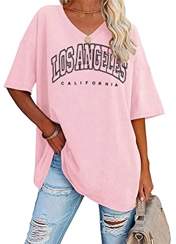 Tomwell T-Shirt Oversize Femme à Col en V Vintage T-Shirts à Manches Courtes Lettres LA Hauts d'été Grande Taille Chic Tee Shirt Rayée Lâches Tops pour Adolescentes