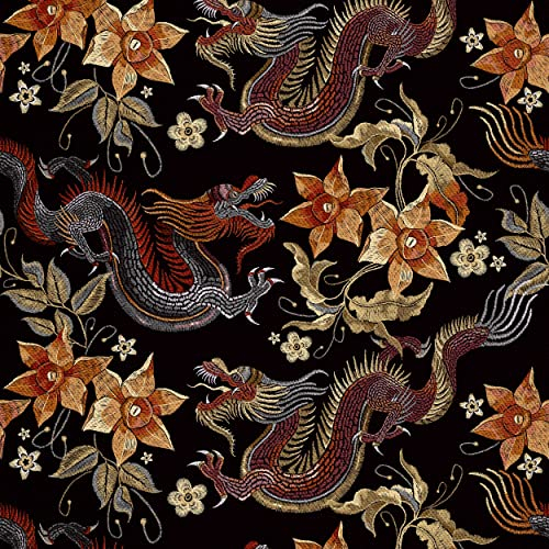 HEKO PANELS Oxford Wasserdichte Meterware Canvas-Stoff Polyester Zum Nähen Dekostoffe Wasserabweisend Blickdicht Drachen Oriental 2 Meter 155 x 200 cm