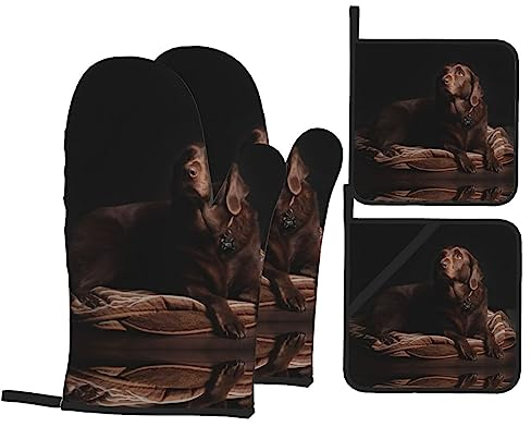 Guanti antiscivolo impermeabili con stampa labrador marrone 4 pezzi set per cottura cottura barbecue guanti da forno resistenza al calore