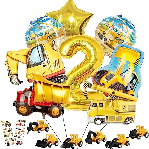 Bagger kinder 2. jahre luftballons geburtstag Deko set,geburtstagsdeko baustelle - Mit 6 Stück Bau-LKW-Modell Spielzeuggeschenken und Aufklebern