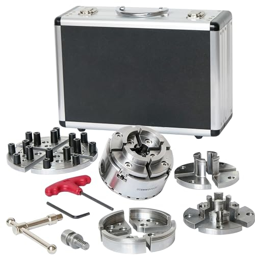 NCK-3.75ZN/S1 Holz-Drehfutter, 9,5 cm, selbstzentrierendes Bohrfutter-Set, 2,5 x 8 TPI Direktgewinde mit Feststellschrauben für Rückwärtsdrehen, 5 Sets mit 4 Backen im Aluminiumgehäuse.