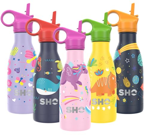 SHO Kids Bottle - Original 2.0 - Ultimate Insulated, Double Walled Stainless Steel Vacuum Flask & Water Bottle - 12 Hours Hot & 24 Hours Cold - 260ml - BPA Free (260ml, Unicorn with Straw Lid)