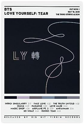 K-Pop BTS Poster Love Yourself Tear Album Cover Poster Leinwand Poster Schlafzimmer Dekor Sport Landschaft Büro Zimmer Dekor Geschenk 60 x 90 cm