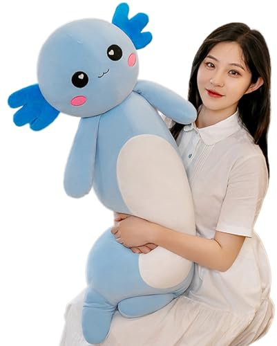 Aiuidun Plüschtier Axolotl Kuscheltier Stofftier Axolotl Plüsch Umarmung Kissen,Weicher Salamander Langes Wurfkissen Spielzeug,Schmusetier Geschenk für Kinder Mädchen Jungen(Blau,80cm)