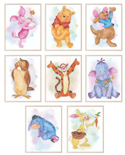 BigWig Prints Winnie-Puuh-Kinderzimmer-Dekor, Winnie-Puuh-Poster, Babyparty-Dekorationen, Kinderzimmer, Wandkunst, Ferkel, Tigger, I-Aah, Kaninchen, Eule, Roo, 8er-Set (20,3 x 25,4 cm) ungerahmt