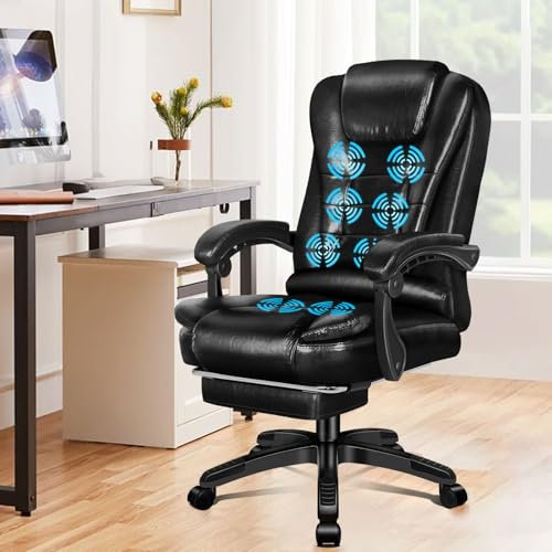ELFORDSON 8-Point Massage Office Chair with Seat Heated for Home Office, Executive Desk Chair with Footrest, High Back 150° Recliner 360° Swivel, Gaming Chairs, PU Leather, Glossy Black