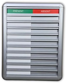 Tableau de présence et d’absence CombiCraft pour 10 personnes avec texte ‘Présent-Absent’, en aluminium avec 10 étiquettes coulissantes, dimension de 257 x 330 mm