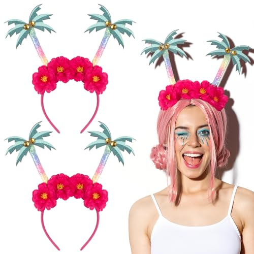 Chuangdi 2 Stück Karneval Haarreifen Kopfschmuck Niedliche Stirnbänder Haarschmuck für Erwachsene Weihnachten Party Kostüm Accessoires(Grün Rosa,Kokosnussbaum)