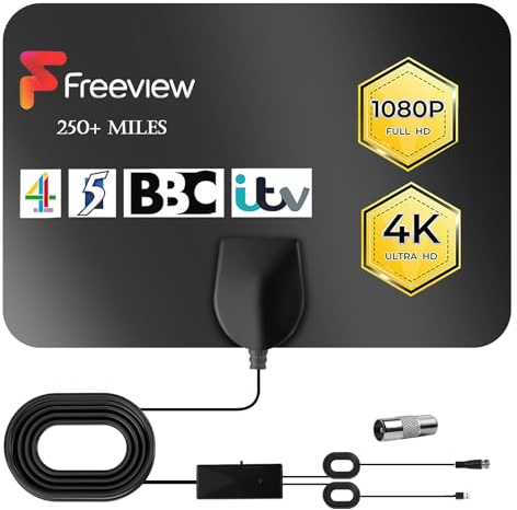 AXFEE Digital TV Aerial, 250+ Miles Long Range 360° Reception, 2 Range Modes Ultra Thin Indoor TV Aerial Support 4K 1080p HD VHF UHF all TV, Amplified Freeview TV Aerial with Booster & 10ft Coax Cable