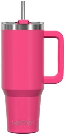 WATERSY Travel Mug Coffee Cup 30oz Tumbler Straw Lid and Handle, Stainless Steel Double Wall Vacuum Insulated Coffee Water Bottle Thermal for Cold Hot Coffee 891ml Gloss Pink