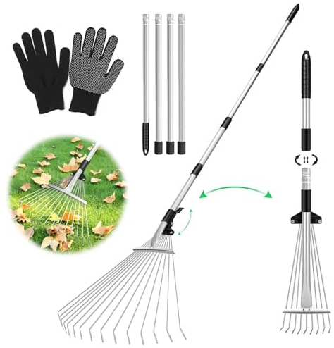 Anyingkai Rastrello da Giardino con Manico,Rastrello da giardino con Guanti,Rastrello per Foglie in Acciaio Regolabile,Rastrello Foglie con Manico,Rastrello per la Pulizia di Piante, Prati e Cortili