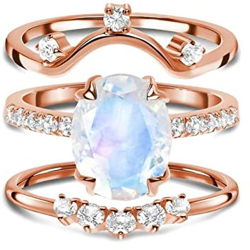 Beydodo Ring Silber 925 Damen mit Stein, Verlobungsring mit Oval Mondstein Stapelringe Rosegold Trauringe Nickelfrei Gr.54 (17.2)