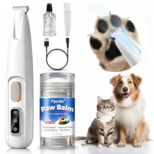 Pjordo Tondeuse pour pattes de chien et chat avec baume pour pattes d'animaux domestiques, tondeuse pour visage de chien à faible bruit avec lumière LED, tondeuse à poils d'animaux de compagnie à lame