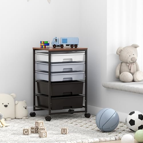 SYKIARIOL Rollwagen Badrollwagen mit 5 Schubladen, Küchenwagen mit Rädern mit Tischplatte aus Holz, Rollcontainer für Küche, Wohnzimmer, Schlafzimmer, Büro, Grau