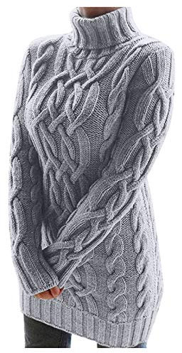 Women's Turtleneck Jumper Dress Casual Long Sleeve Ribbed Knitted Bodycon Mini Sweater Dresses Autumn Winter Oversized Cable Knit Jumper Dress Pullover Tops Slim Fit Knitwear (4-Grey, M)
