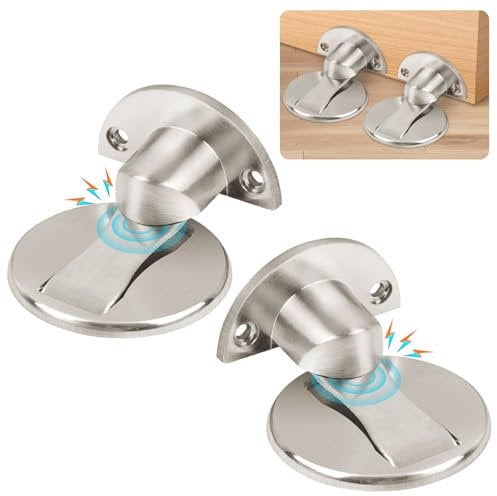 Flintronic 2 Pcs Butée de Porte Magnétique, Mise à Niveau 2025 en Nickel Satiné Brossé, Arrêt de Porte en Métal Solide Avec Adhésif et Vis (Argent)