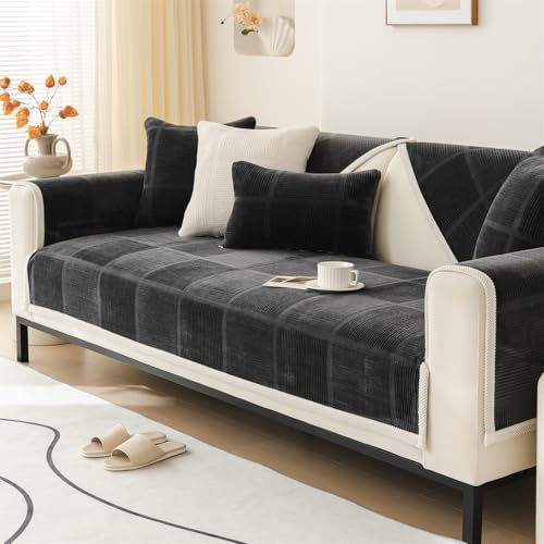 LINGKY Sofa Überzug, Samt Sofabezug 1/2/3/4 Sitzer, Sofaschoner rutschfest, Couch überzug L Form Sofaüberwurfe, Neue Universelle Sofa Sitzkissenbezug, Waschbar Couchbezug (Schwarz,90x240cm)