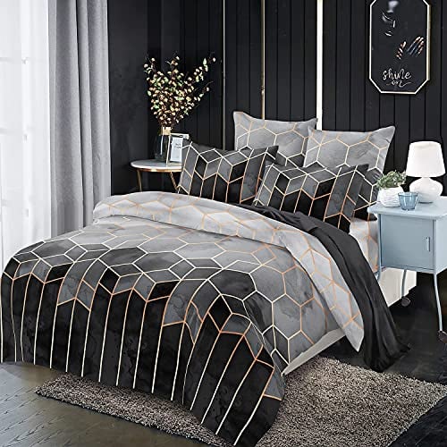 Freyamy Marmor Bettwäsche 200x220cm Grau Geometrisch Wendebettwäsche Vintage Kariert Microfaser Doppelbett Bettbezug und 2 Kissenbezug 80x80cm mit Reißverschluss