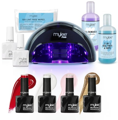 Mylee Kit professionale completo per smalto gel semipermanente, 4 Colori, Top coat e Base coat, Lampada unghie LED, Soluzione Prep & Wipe, Solvente gel remover, 100 salviette senza pelucchi (Natale)