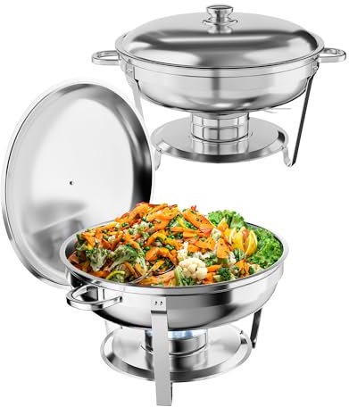 5QT - Set di 2 scaldavivande per buffet, rotondi, in acciaio inox, con coperchio, telaio, supporto per carburante, per catering, feste e festival