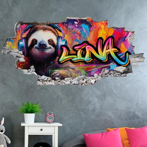 tjapalo® p94 personalisiertes Wandtattoo Graffiti Name Wandaufkleber Kinderzimmer Mädchen wandtattoo Teenager Cool 3D Wandtattoo Kinderzimmer Name Wandtattoo Faultier