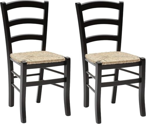 Lot de 2 chaises Venezia pour cuisine, bar, salle à manger, structure en bois de hêtre et assise en paille de riz (noir, lot de 2 chaises)