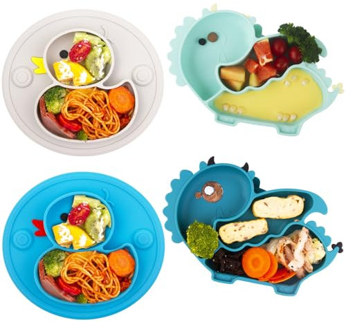 nohlerlife Lot de 4 Assiettes pour tout-petits en silicone avec Compartiments, incassable Antidérapantes assiette bebe Pour les tout-petits et l'auto-alimentation (Duck/Wyvern)