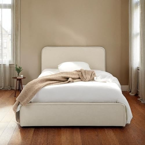 Polsterbett MARINI Einzelbett 90x200 cm in cremeweiß - Bett gepolstert mit Lattenrost, modernes Design & stabiles Holzgestell mit Kunststofffüßen