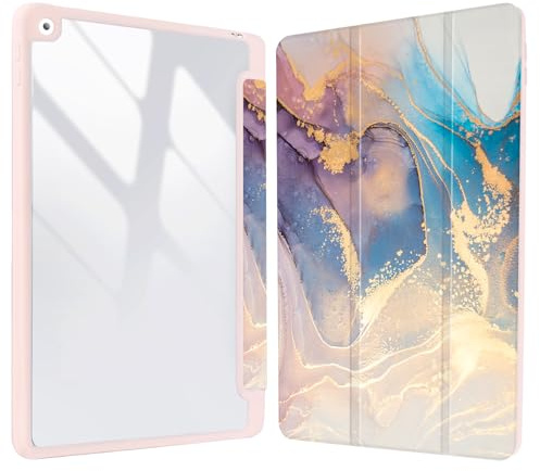 Vozehui 10.2 inch Pink Marble Case for iPad 9th/8th/7th Generation Case with Clear Back Shell w/Pencil Holder,Tri-fold Stand Protective Cover w/Auto Sleep Wake for 10.2 inch 2021/2020/2019