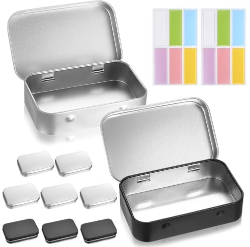 9 Pcs Tins Containers, Metal Tins with Lids, Metal Rectangular Tin Cans, Small Tin Boxes with Hinged Lids, Empty Portable Storage Box for Candy Earrings Key Coins(Black, Silver, 3.7x2.4x0.8)
