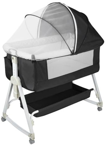 MUL-BOUTIQUE Berceau Cododo Bébé 6 Hauteurs Réglables, Lit Portable avec Moustiquaire, Facile à Transporter,Système Coulissant, Cododo Mobile Chambre Bébé (Noir 95 * 50 * 98-110cm)