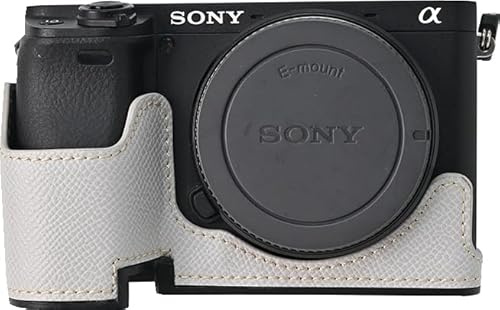 A6400 Case, BMAOLLONGB Handmade PU Leather Half Camera Case Bag Cover Bottom Opening Version for Sony Alpha A6400 with Hand Strap (White)