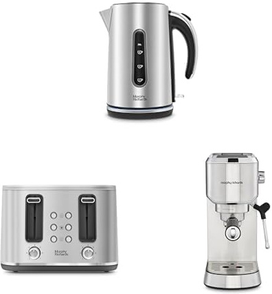 Morphy Richards Motive Kettle and Toaster, Stainless Steel & Compact Espresso Machine Stainless Steel Set, 1.7L 3KW Rapid Boil Kettle, 4 Slice Toaster, Dual Cup Espresso Maker, 102800 | 242800 |172022