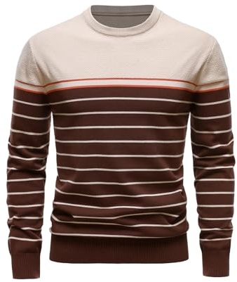 LUVCES Suéter a Rayas para Hombre Manga Larga Cuello Redondo Bloque de Color Jersey Suéteres de Punto Informal Otoño e Invierno Ropa de Uso Diario Tops