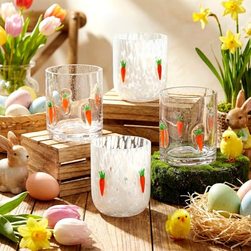 LemonRoad 4 Pcs Christmas Icon Juice Glasses 12 oz Xmas Stemless Wine Glasses Christmas Tree Wreath Double Old Fashion Drinking Cups for Winter Holiday Drinks Party Supplies Gifts(Carrot)