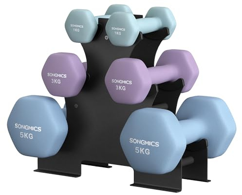 SONGMICS Kurzhantel Set, Hexagon, mit Hantelständer, 2 x 1 kg, 2 x 3 kg, 2 x 5 kg, mattes Finish, Neopren-Beschichtung, Krafttraining, zu Hause