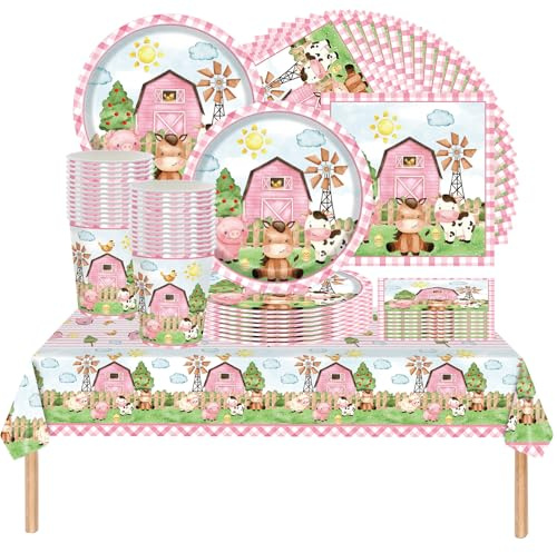 61 pezzi Set di stoviglie a tema animali della fattoria con motivo a quadri rosa, set di stoviglie per feste di compleanno per bambini, decorazioni per feste per bambini e bambine, per 20 ospiti