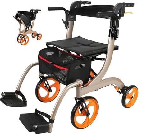 Rollstuhl Rollator Kombination, 2-in-1-Rollator für Senioren mit Sitz, Rollator-Transportstuhl Combo mit gepolsterter Sitzfläche, Tasche, Rückenlehne und Fußstütze