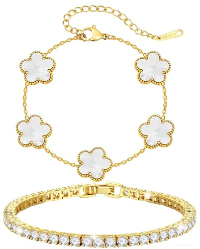 LAINIKE 2 Stück Kleeblatt Armband Damen Weiß, Kristallen Tennis Armband, Kleeblatt Armband Set für Damen, Cubic Zirkonia Armreif, wasserfest, verstellbar – Geschenk