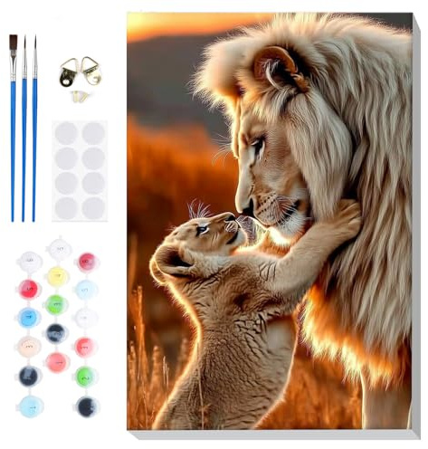 Lxmsja Peinture Numero Lion Adulte avec Cadre, Peinture par Numero Animal, Peinture Acrylique Numéro d'art avec 3 Pinceaux, Loisirs Créatifs Adultes, Activité Manuelle, 20x30cm