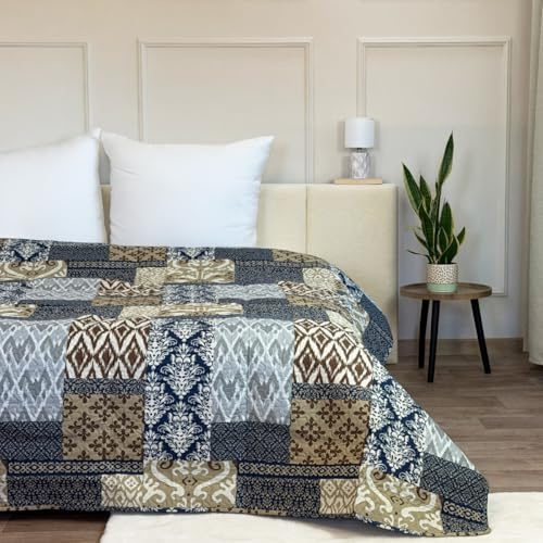 Euromat Tagesdecke Steppdecke Bettüberwurf (Ohne Kissenbezüge) Größe: 220x240 cm (Blau Beige Braun- SY-6750)
