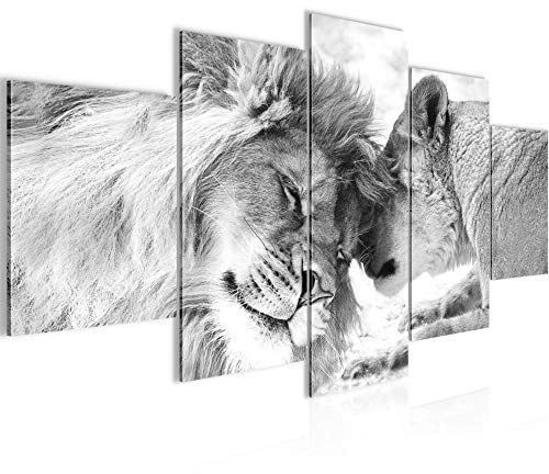 Runa Art - Bilder Löwen Liebe 200 x 100 cm 5 Teilig XXL Wanddekoration Design Schwarz Weiss 002151c