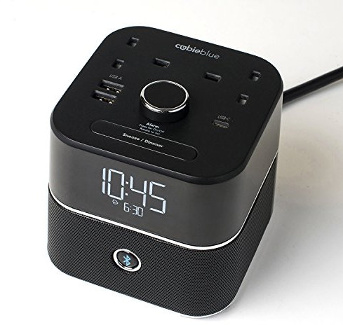 Brandstand CubieBlue UK Digital Alarm Clock with USB Charging Ports (2 USB-A & 1 USB-C) & Bluetooth Speaker, Display Dimmer, UK Plugs, User Friendly, Guest Room Alarm Clock,Bedroom Alarm Clock