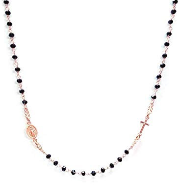 Linea Italia Gioielli - Collana Rosario Girocollo per Donna in Argento 925 Placcato Rosa con Perline Nere, Croce e Medaglietta Madonna - Linea Italia Gioielli Made In Italy