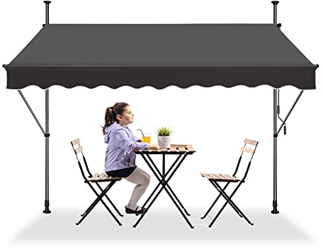 LZQ Tenda da sole per balcone, retrattile manuale, manovella, regolabile in altezza, resistente ai raggi UV, senza foratura, 100% poliestere, grigio scuro, 300 x 120 cm